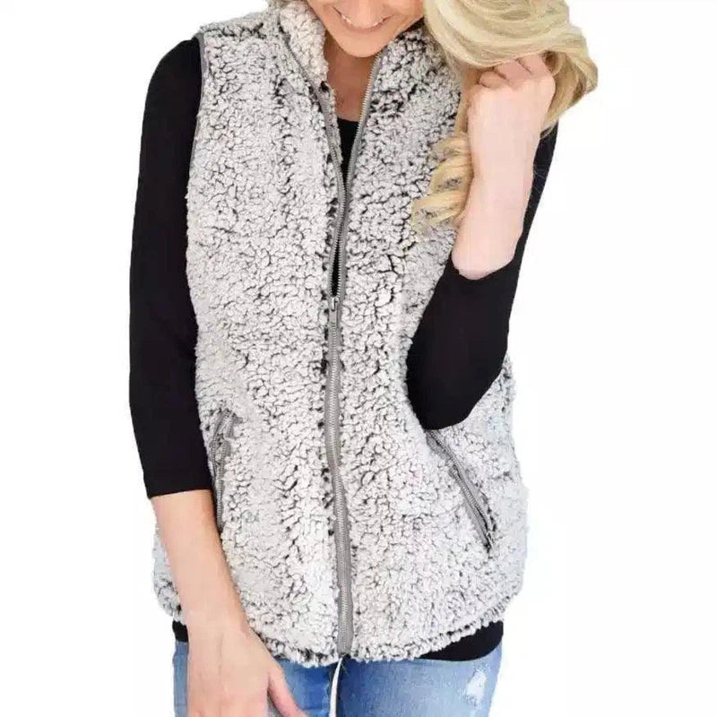 Warm Zippered Fleece Vest for Women-Grey-1