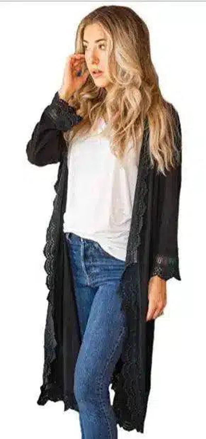 Black Lace Long Cardigan for Effortless Style-Black-2