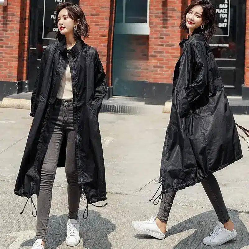 Womens Long Trench Coat with Belt-Black-2