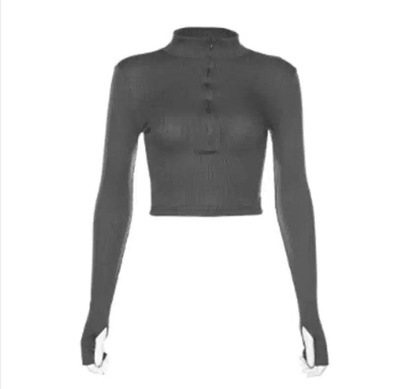 LOVEMI - Lovemi - Half-Zip Long-Sleeve Ribbed Crop Top