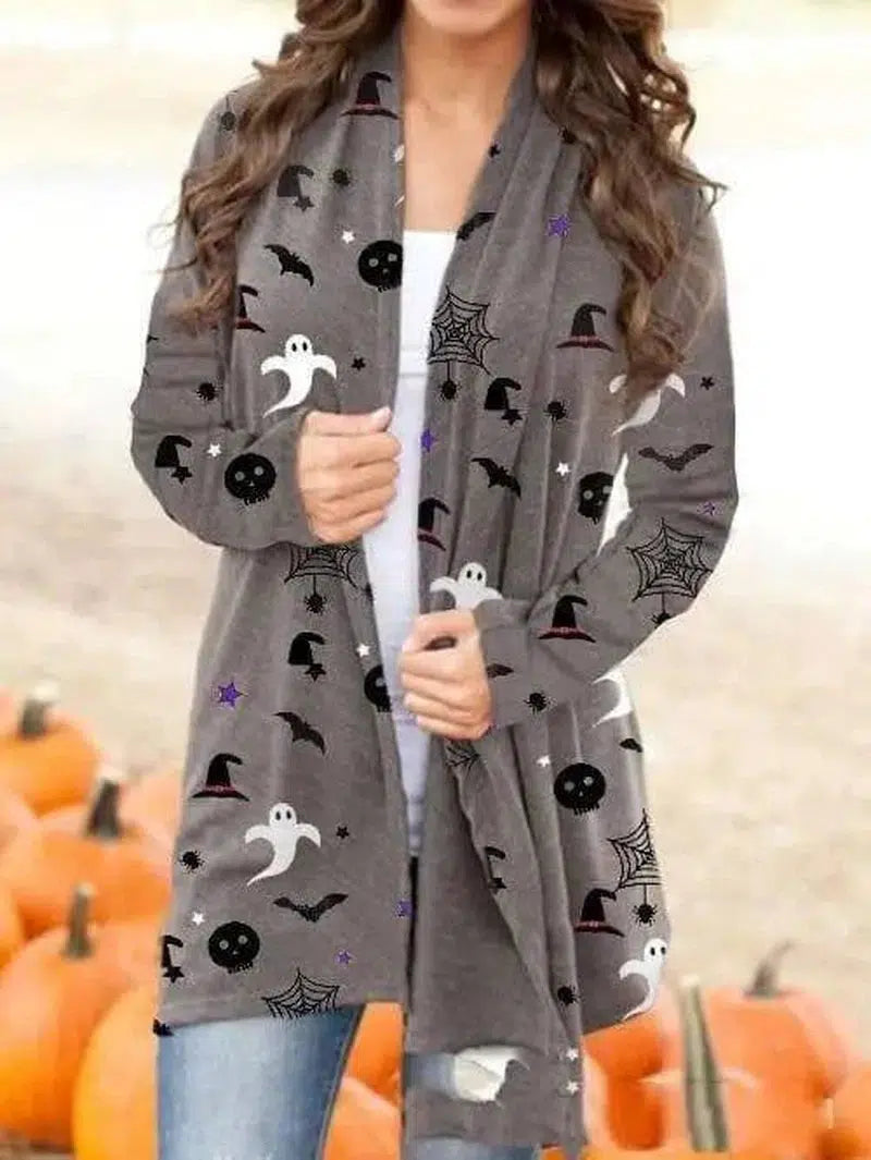 Halloween Digital Printing Casual Cardigan Jacket Women-Gray bat-4