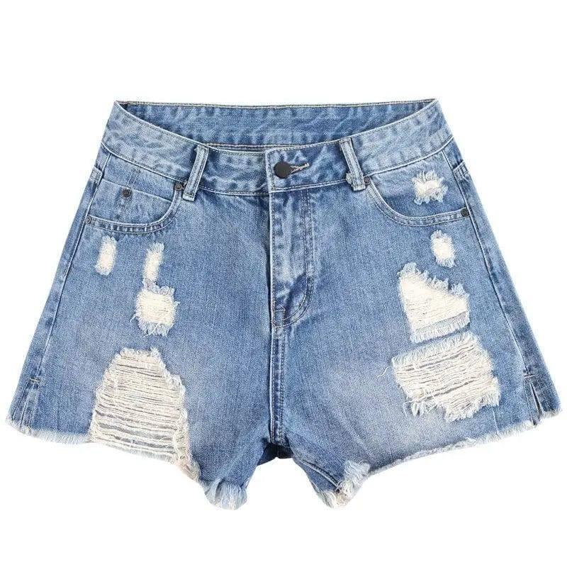 High Waist Ripped Denim Shorts-Blue-24