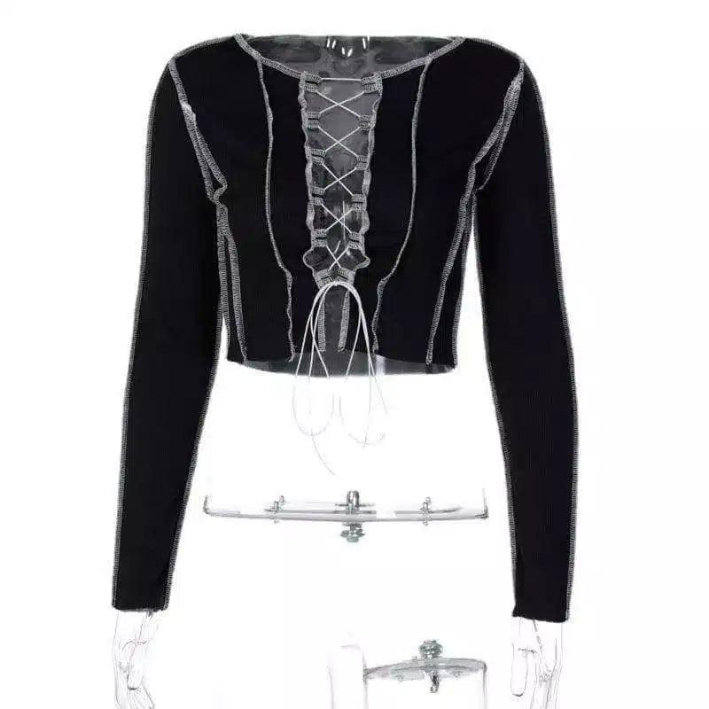 Lace-Up Long Sleeve Cropped Top-Black-5