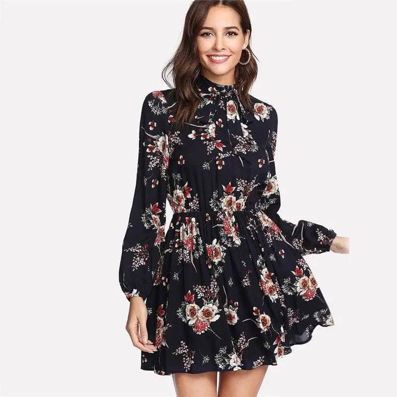 Lace-up long-sleeved elastic waist print dress-darkblue-11