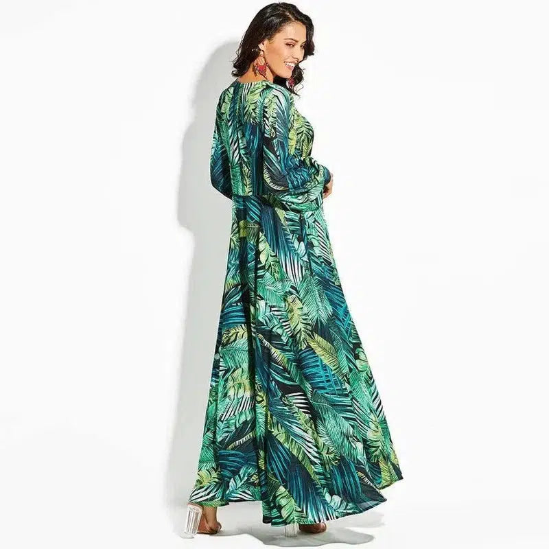 LOVEMI - Lovemi - Lantern Sleeve V-neck Green Leaf Print Sk