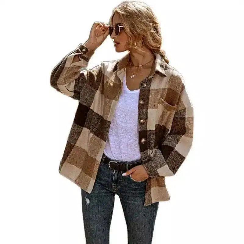 LOVEMI - Lovemi - Lapel Loose Casual Shirt Large Plaid Jacket