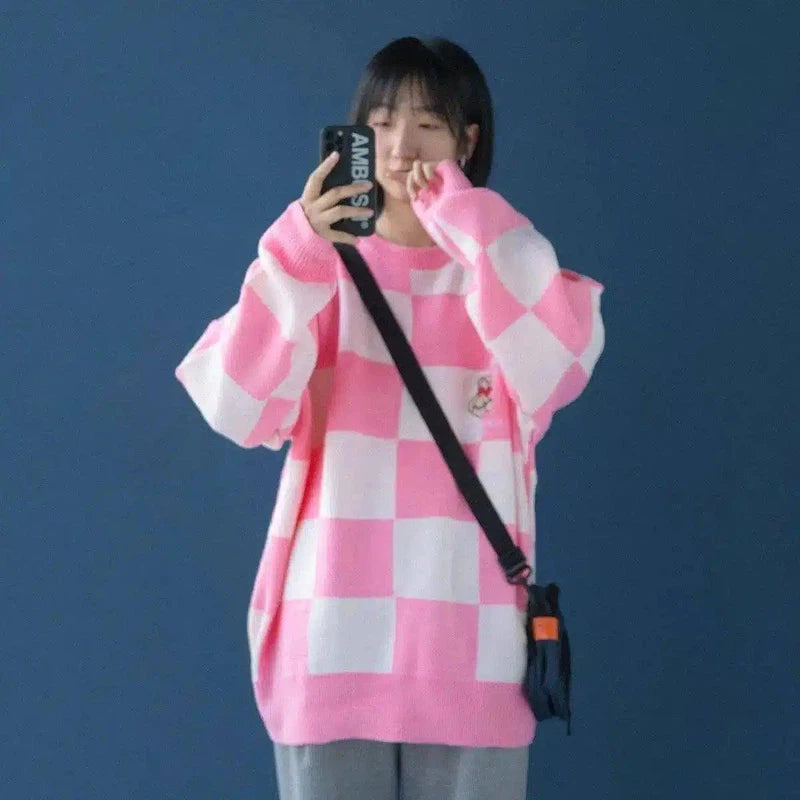 Oversized Checkered Sweater with Long Sleeves-Pink-1