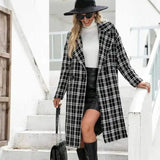 Women's Plaid Long Coat with Pockets-Black-1