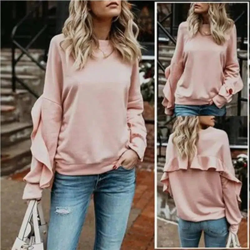 LOVEMI - Lovemi - Loose Long-Sleeved T-Shirt Women Round Neck Solid