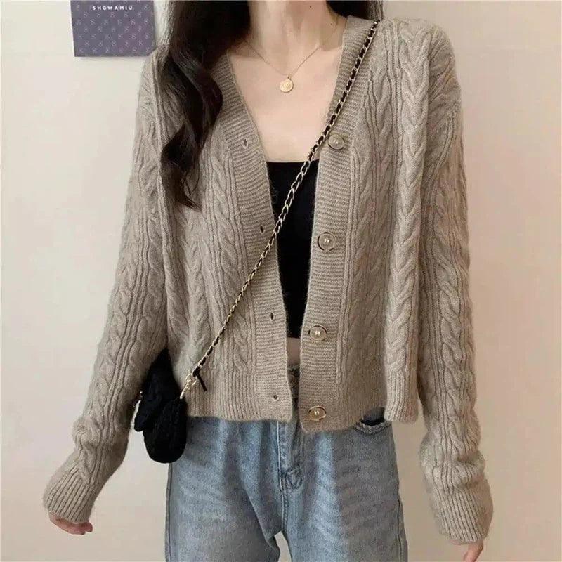 Women's Cable Knit Cardigan Sweater-Khaki-3