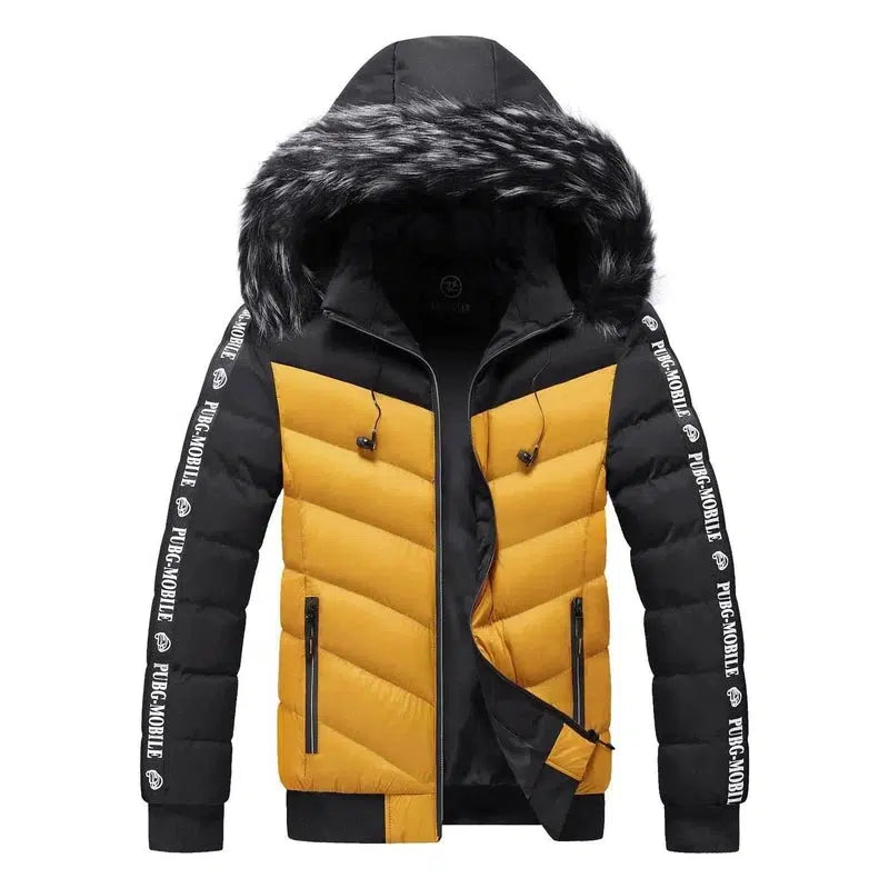 Men's Winter Fur Collar Cotton Padded Jacket-Yellow black-2