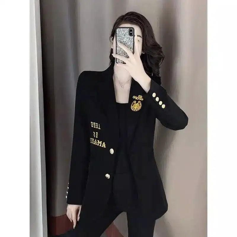 Women's Tailored Blazer with Gold Button Accents-Black-1