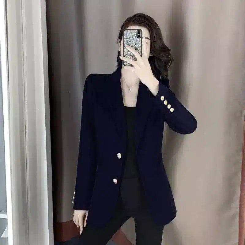 Women's Tailored Blazer with Gold Button Accents-Navy no embroidery-3