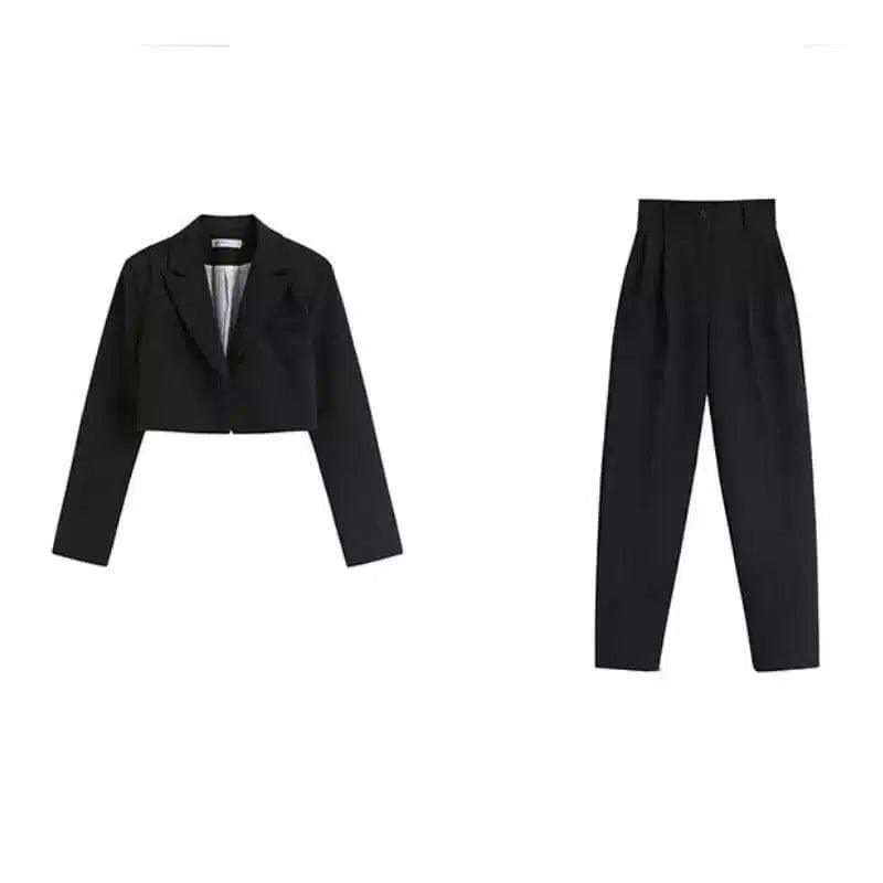 Womens Casual Blazer & High-Waist Trousers Set-Black-4