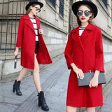 Women's Mid-Length Wool Coat with Wide Lapels-Red-1