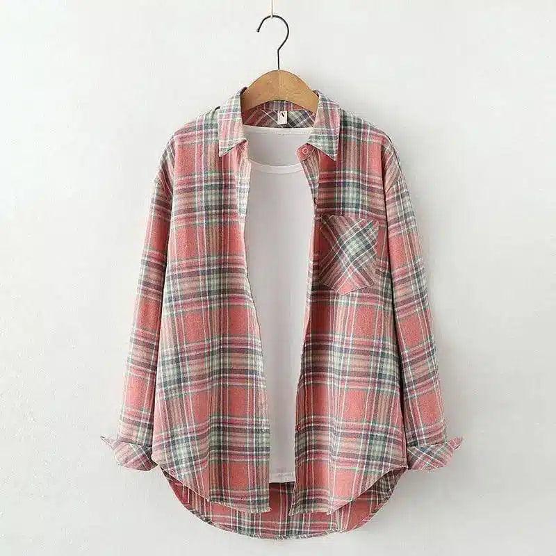 Plaid Cotton Casual Shirt with Pocket-Pink grid-11