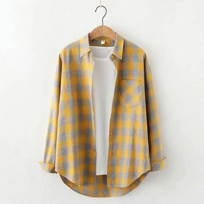 Plaid Cotton Casual Shirt with Pocket-Yellow grid B-21