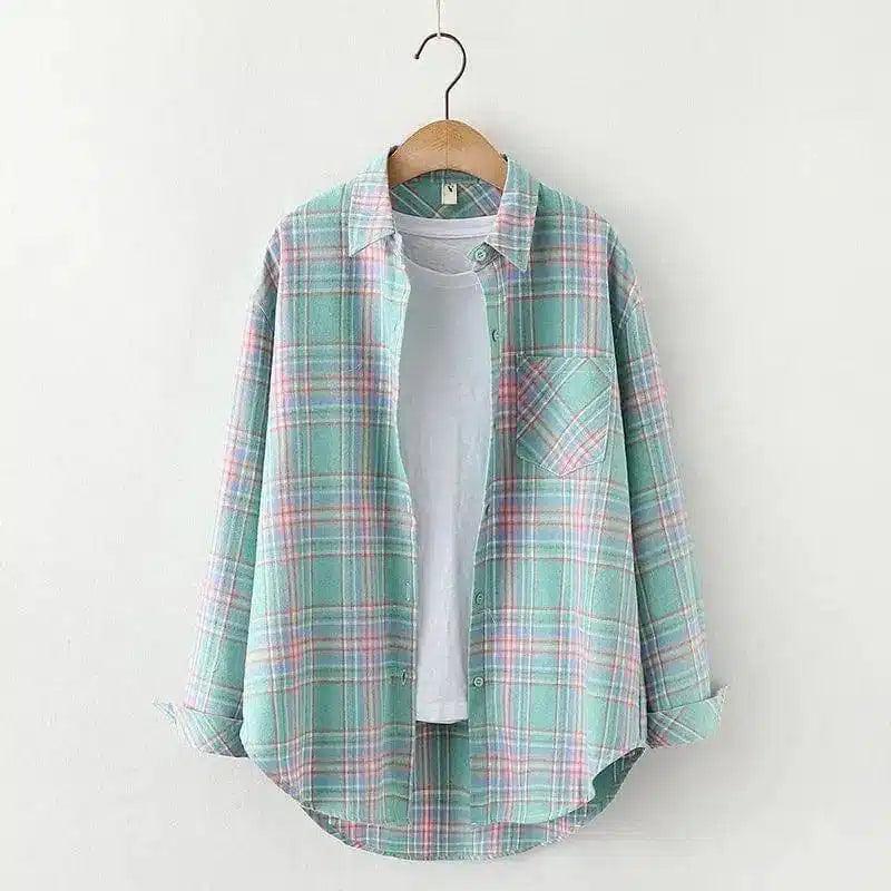 Plaid Cotton Casual Shirt with Pocket-Green grid-9