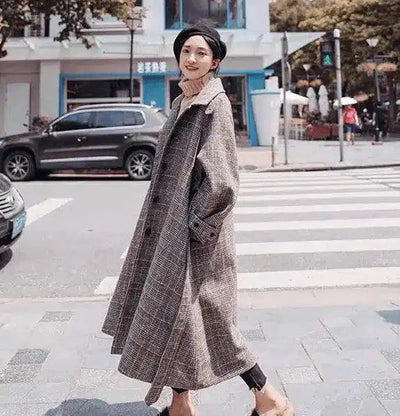 Plaid woolen coat female long section Korean version winter-Coffee-2