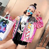 Print color sequin Harajuku denim jacket female-1