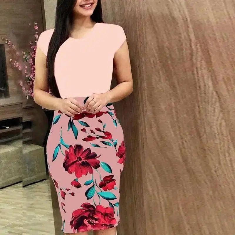 Printed Office Midi Pencil Dress Large Women Dress-Pink-18