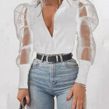 Women's Sheer Sleeve V-Neck Blouse-White-5