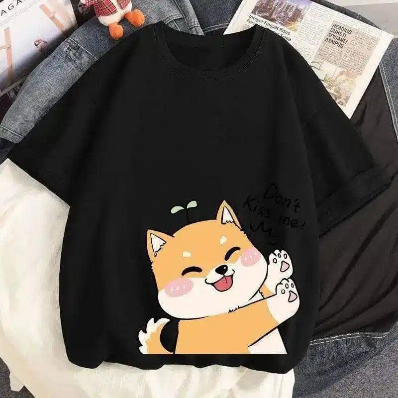 Cute Cartoon Dog Graphic Tee for Casual Wear-Black-7