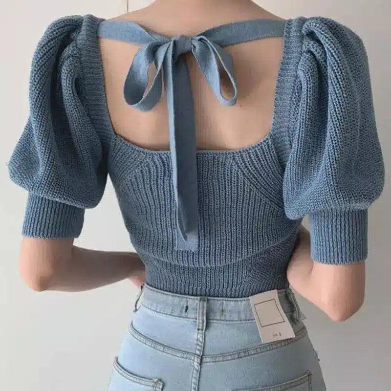 Puff Sleeve Knit Crop Top with Tie Back-Blue-1