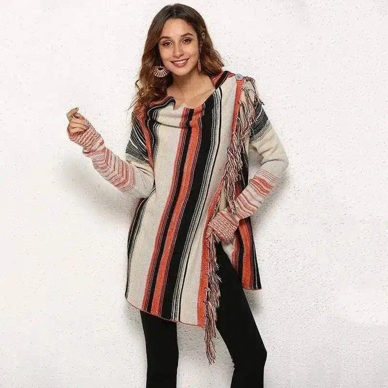 Striped Women's Hooded Cardigan with Fringe-orange-1