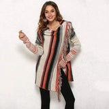 Striped Women's Hooded Cardigan with Fringe-orange-1