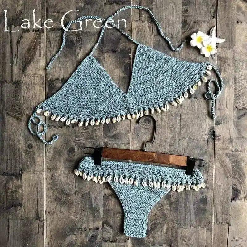 Women's Shell-Embellished Crochet Bikini Set-Lake Blue-2