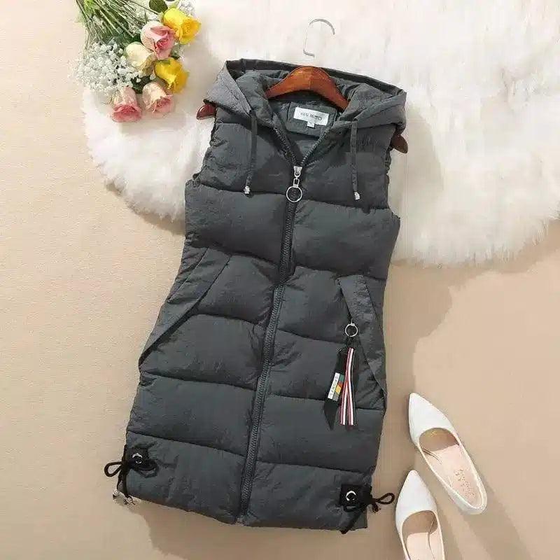 Hooded Sleeveless Puffer Vest for Women-Grey-1