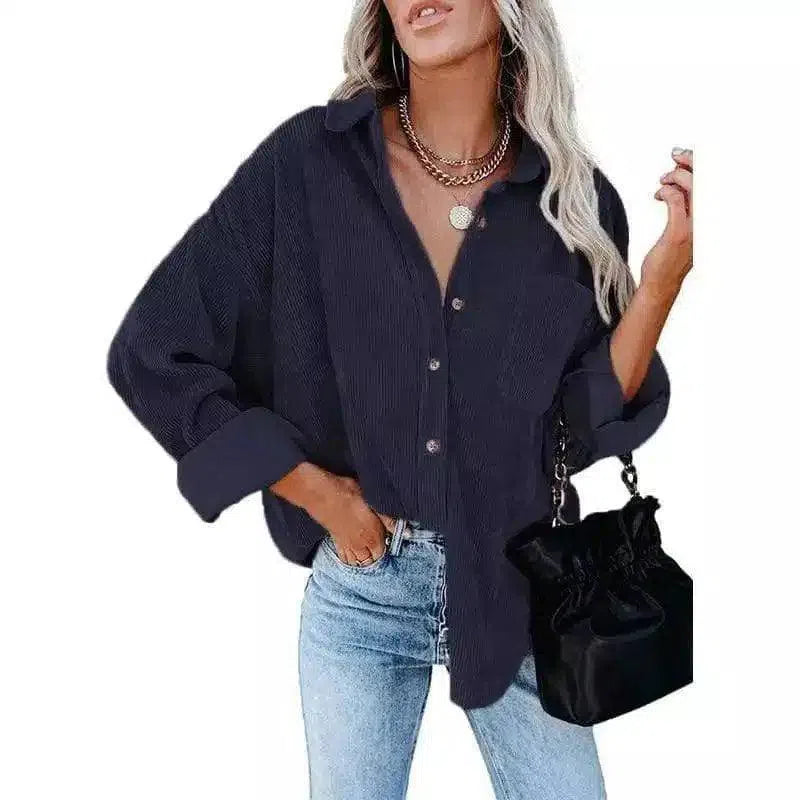 Women's Button-Up Casual Shirt Jacket-Navy Blue-8
