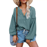 Women's Casual V-Neck Blouse with Long Sleeves-Sky Blue-6