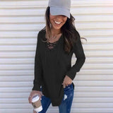 Solid Color V-Neck Tie Band Loose Top T-Shirt-Black-8