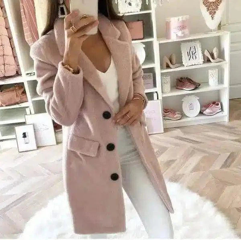 Womens Mid-Length Buttoned Coat-Pink-6