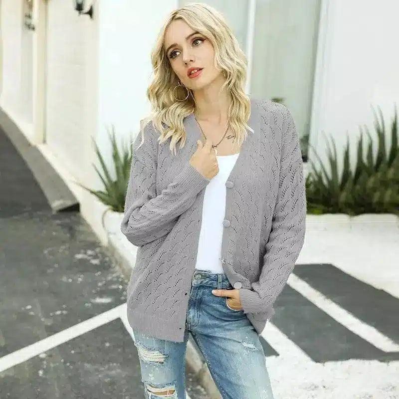 Women's Knit Cardigan Sweater-Grey-1