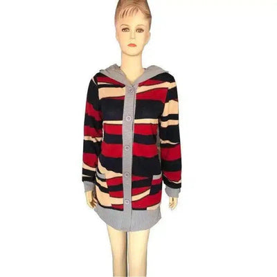 Hooded Knit Cardigan with Zipper Closure-Red-7