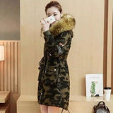 Thickened cotton padded jacket, women's hair collar winter-Camouflage green-1