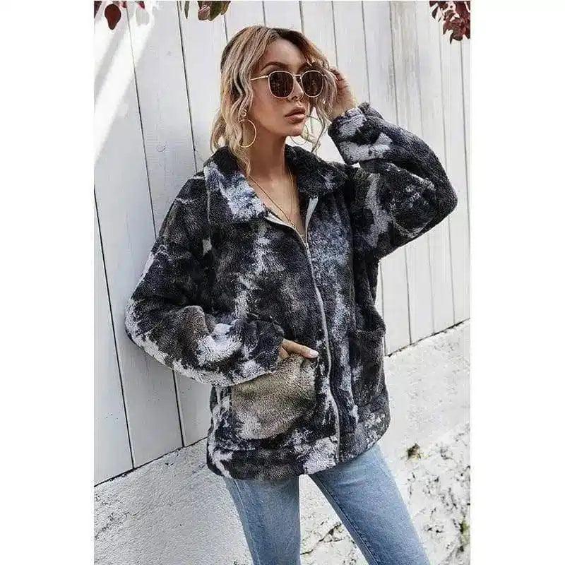 LOVEMI - Lovemi - Tie dyed Plush zipper loose coat