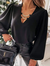 V-Neck Shirt Lantern Sleeve Long Sleeve Top-Black-2