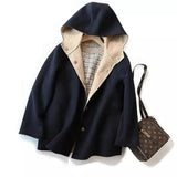 Woolen Hooded Coat with Button Closure-Navy blue-2