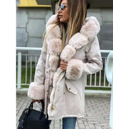 Winter mid-length pie overcoming thick fur collar furry coat-Beige-4