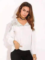 LOVEMI - Lovemi - Women Blouse Long Sleeve Lace Trim Tie V-neck