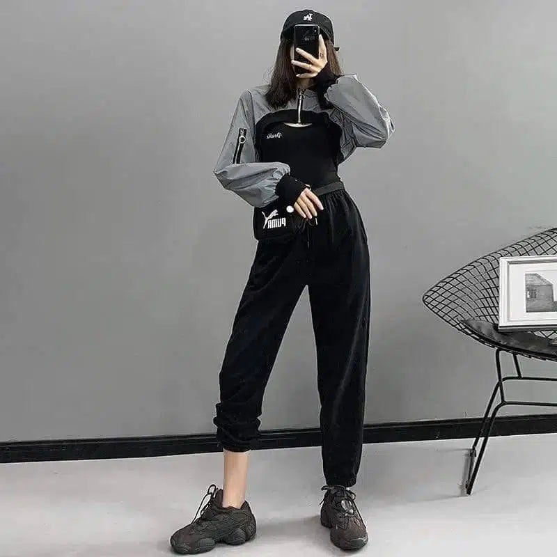 Women's loose high waist casual pants-Black-2