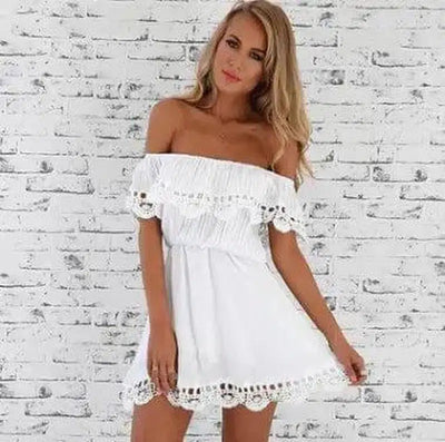 Women's Off Shoulder Lace Dress-White-9