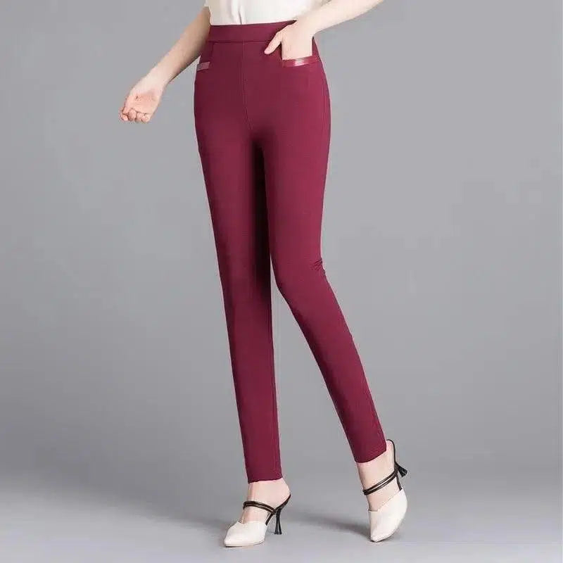 Women's Plus Size Elastic Casual Outer Wear Leggings-Wine Red-4