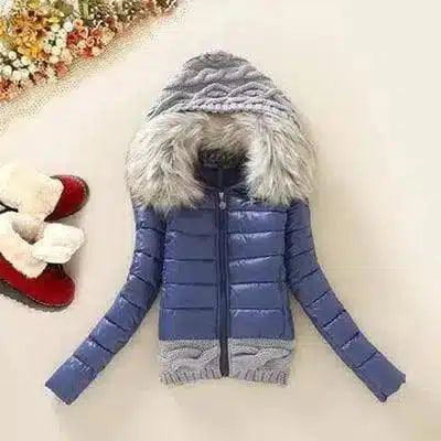 Hooded Puffer Jacket with Faux Fur Trim-Navy Blue-3