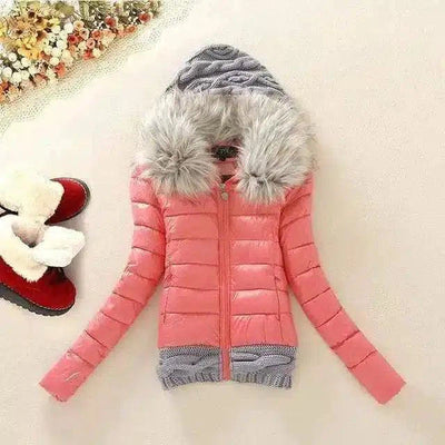 Hooded Puffer Jacket with Faux Fur Trim-Watermelon Red-5