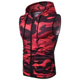 Zipper Hooded Sleeveless Camouflage Printed Fitness Sports-Red-3